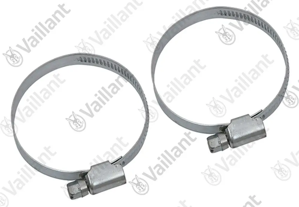 Zwei metallene Rohrschellen von Vaillant. Die Schellen haben eine einstellbare Spannvorrichtung zur Befestigung von Rohren oder Schläuchen.